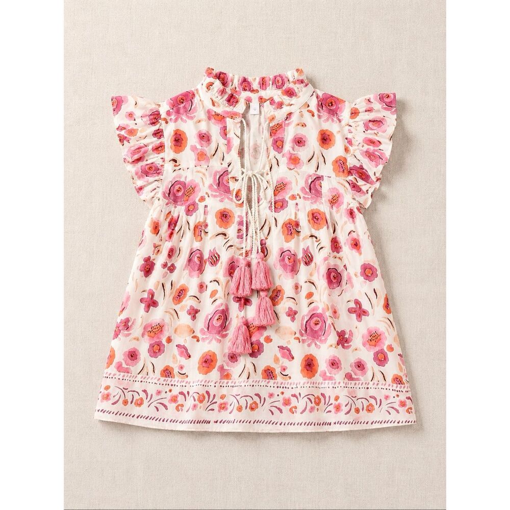 POL Floral Tassel Tie Flutter Sleeve Boho Cotton Blouse Pink Floral NEW - Picture 7 of 7